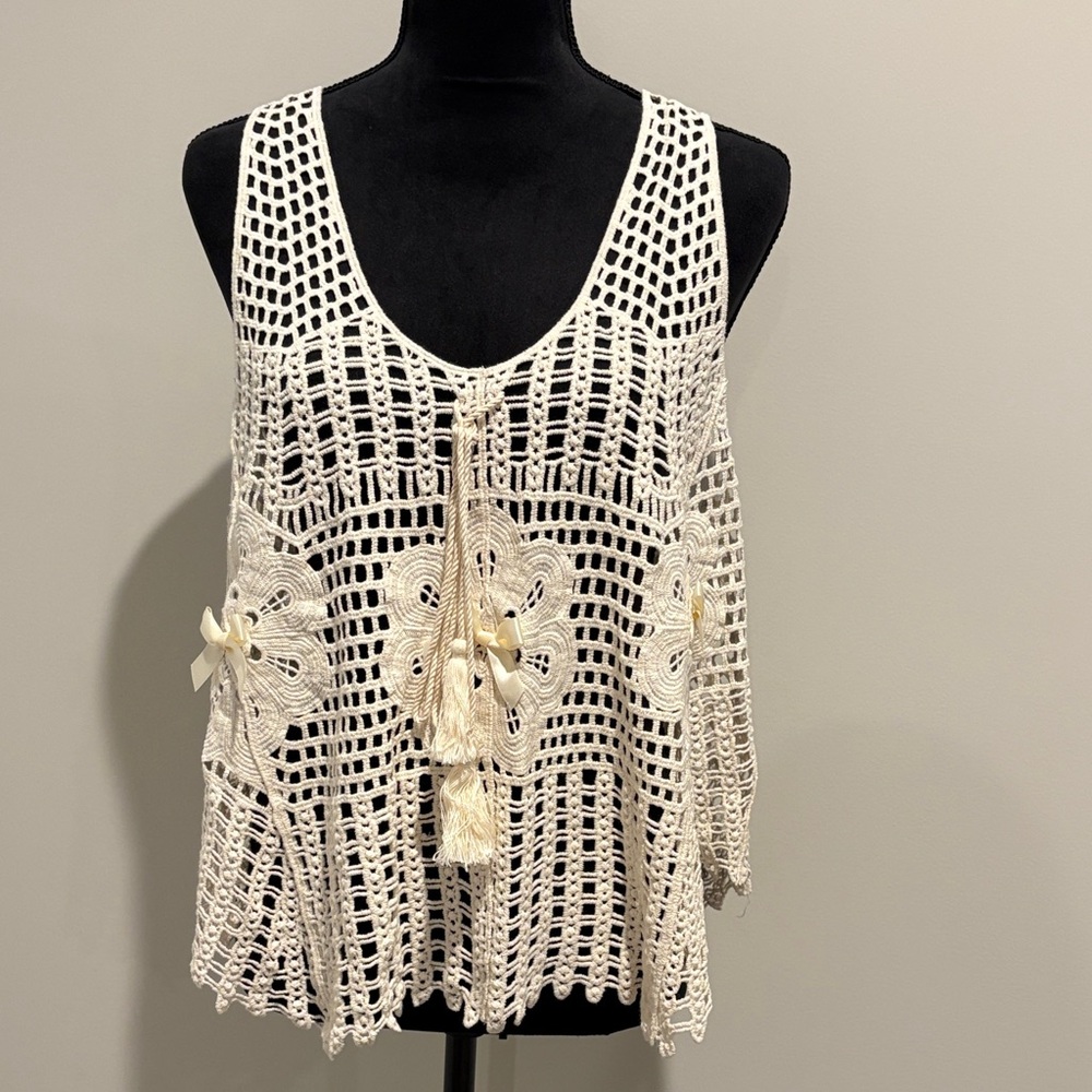 Boho Open Knit Floral Cream Crochet Top One Size Beach New Cottagecore